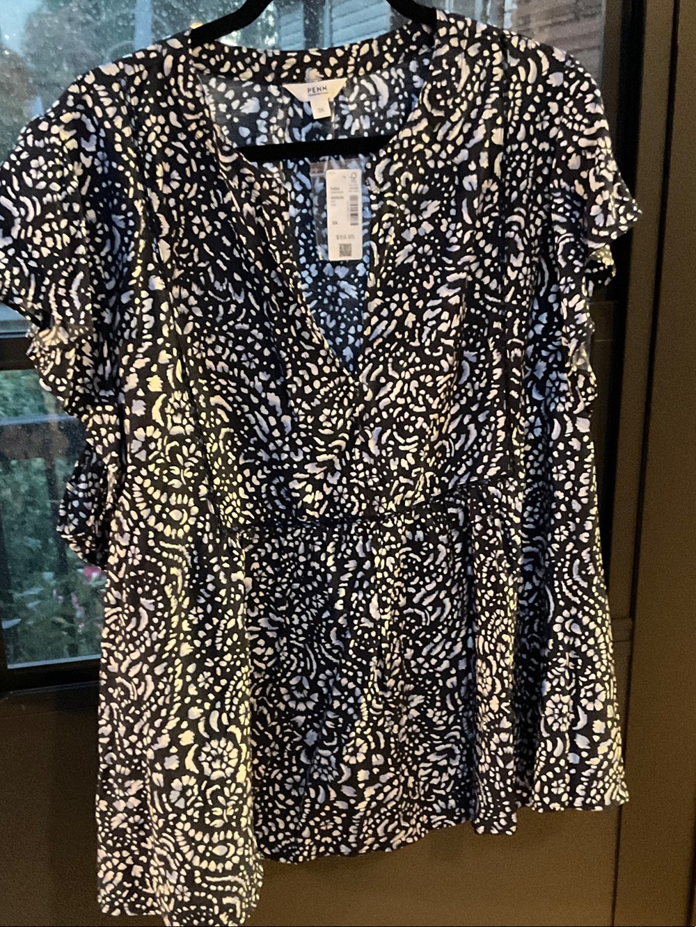 Penningtons Navy and White Floral Wrap-Style Blouse